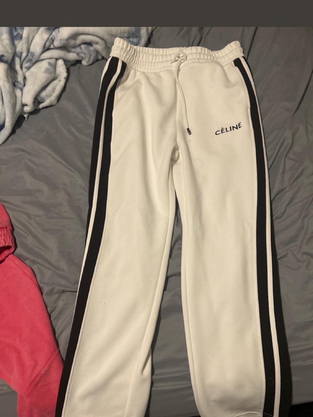 Celine White Joggers with Black Side Stripes